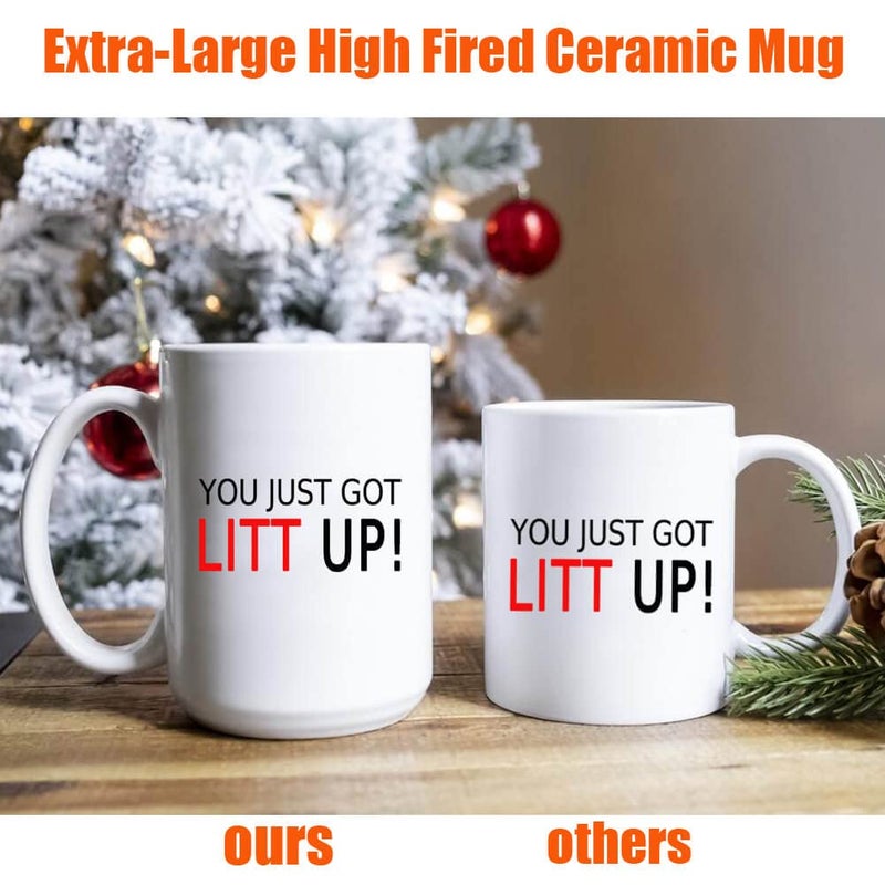 J.Ehonace 15oz 'You Just Got Litt Up' Coffee Cup - Double-Sided Funny Mug Gift for Suits Fans, White Ceramic with Sassy Quote - Image 5